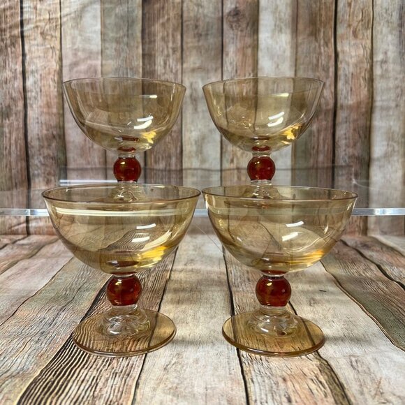 Hand Blown Ball Stem Sherbet Glasses~4~Gold Champagne Glass with Amber Ball Stem - Picture 1 of 6